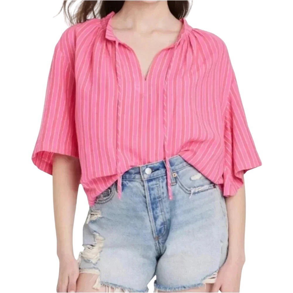 Universal Thread Flowy Elbow Sleeve Popover Blouse Pink Stripe Linen Blend S NEW